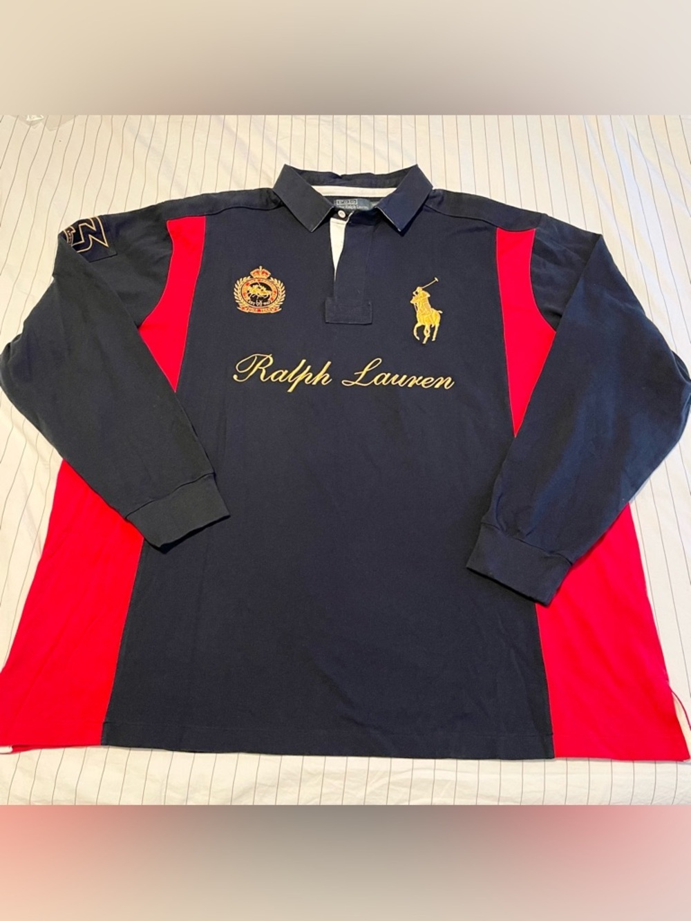 VTG Polo Ralph Lauren Rugby Shirt Mens 3XL Tall Gold Crest Blue Red Big Pony - Picture 2 of 14
